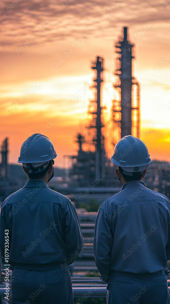 Two engineers in safety helmets inspecting an industrial refinery plant at dusk Two engineers in safety helmets inspecting an industrial refinery plant at dusk