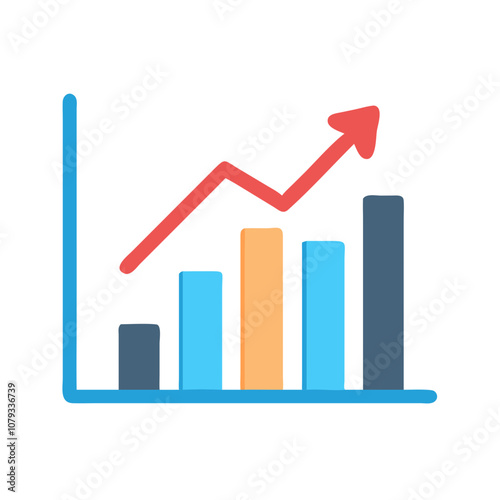 Vector icon representing a growth chart with colorful bars and an upward trend illustrating progress over time in data visualization