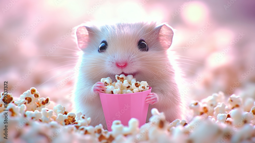 Cute hamster holding popcorn in a pink cup surrounded by fluffy popcorn Cute hamster holding popcorn in a pink cup surrounded by fluffy popcorn