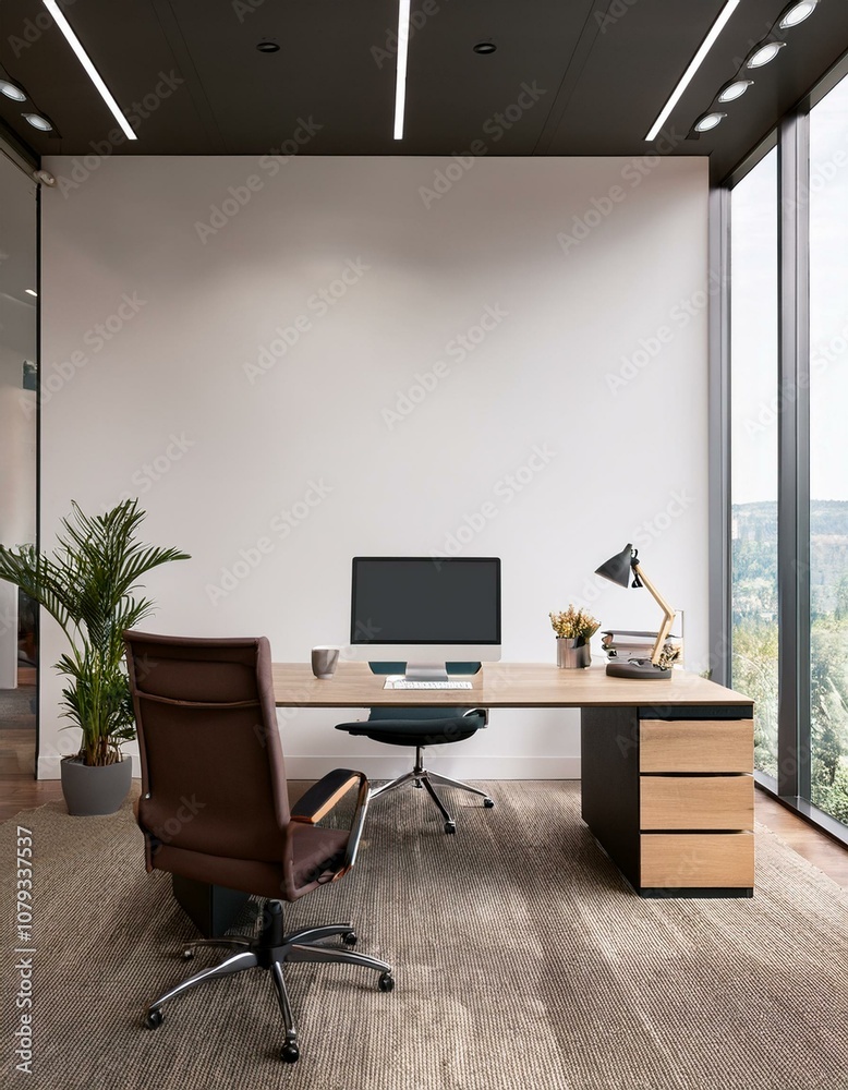Fototapeta premium Modern office with blank wall for mockup template. 3D Rendering