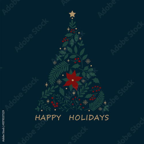 Merry Christmas greeting card with floral ornament. Trendy square Winter Holidays art templates. Suitable for social media post, mobile apps, banner design and web, internet ads.