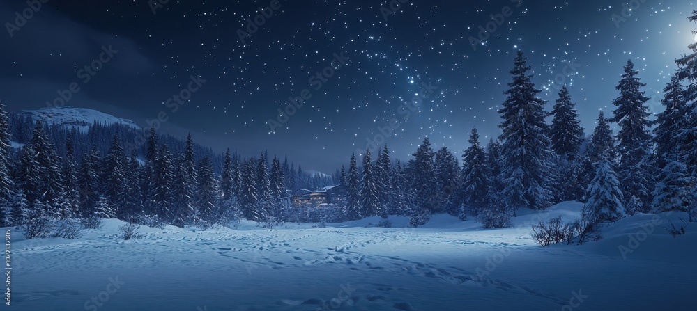 Snowy forest and starry sky in the mountains