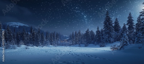 Snowy forest and starry sky in the mountains photo