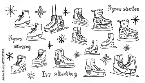 Big set of women's figure skates, hockey skates. Ice skating, figure skating, ice skating, figure skater, figure skates, sport, ice sports, ice rink, winter, snowflakes. Hobby, lifestyle. 