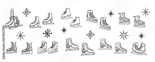 Set of women's figure skates, hockey skates in doodle style. Ice skating, figure skating, ice skating, figure skater, figure skates, sport, ice sports, ice rink, winter, snowflakes. Hobby, lifestyle