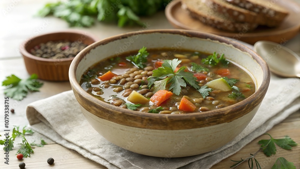 Hearty lentil soup with fresh herbs in ceramic bowl Hearty lentil soup with fresh herbs in ceramic bowl