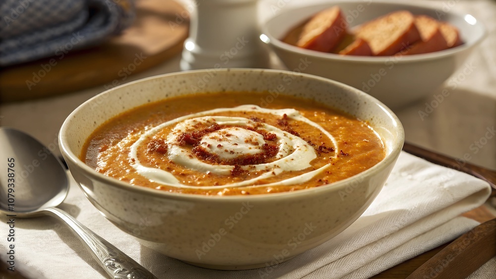 Spiced lentil soup with swirled cream garnish Spiced lentil soup with swirled cream garnish