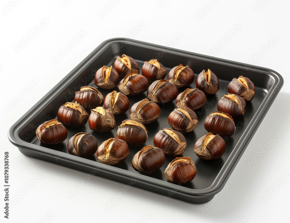 Obraz premium Tray of Roasted Chestnuts with Golden Brown Skins