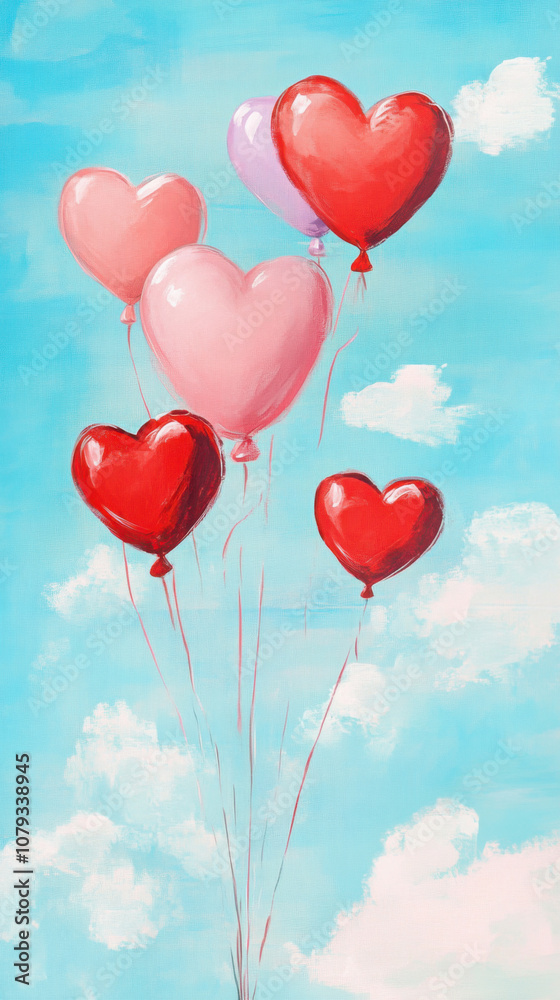 Whimsical valentine's day postcard with heart-shaped balloons in a cloudy sky