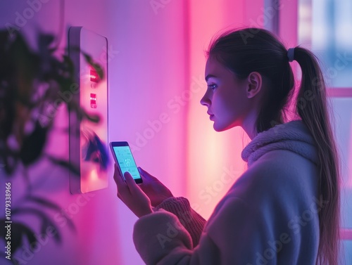 Girl looking at smart thermostat at home, checking heating temperature. Concept of sustainable, efficient, and smart technology in home heating and thermostats.