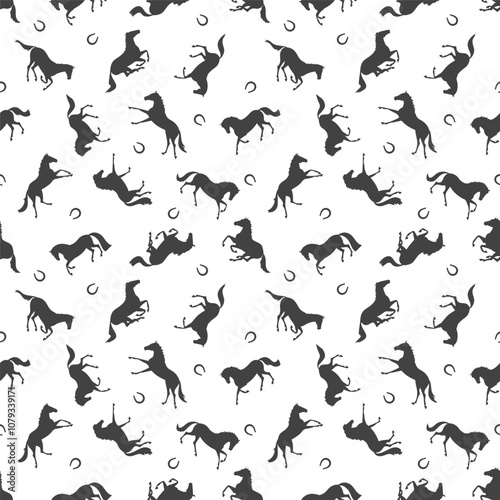 Seamless pattern of black horse silhouettes and horseshoes on a white background, creating an equestrian-themed design