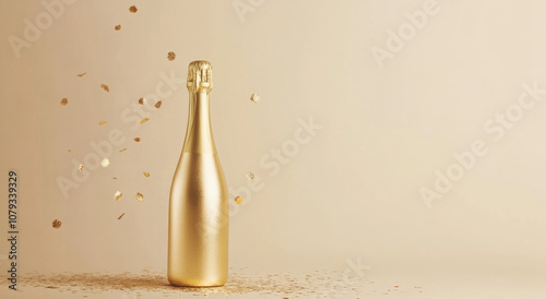 Golden champagne bottle with confetti on a beige background