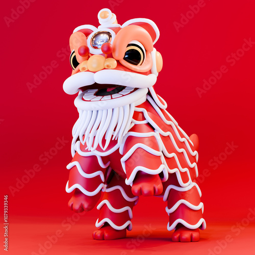 3D Chinese New Year Red Lion Dance on Red Background photo