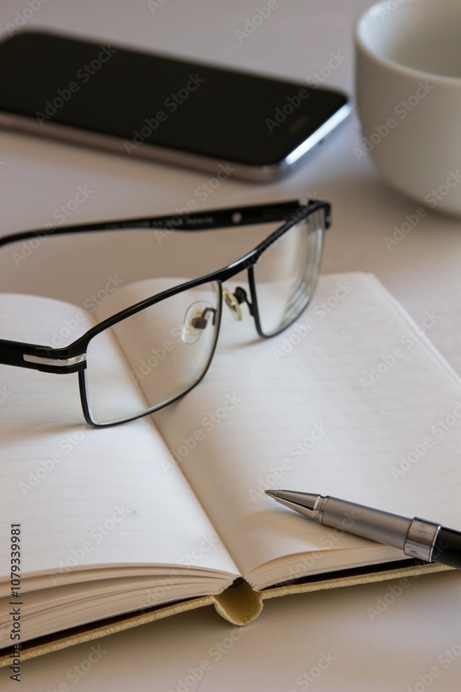 Open notebook with reading glasses, pen, smartphone, and a cup on white desk Open notebook with reading glasses, pen, smartphone, and a cup on white desk