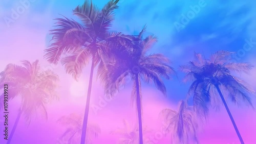 Palm trees against pink smoke background. Retrowave, synthwave, vaporwave aesthetics. Tropical beach background. Summer vacation concept. Retro style, webpunk, retrofuturism.