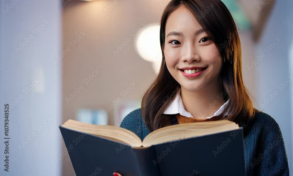 Portrait of a beautiful oriental woman with a book on a light background. Model girl posing with literature in her hands.