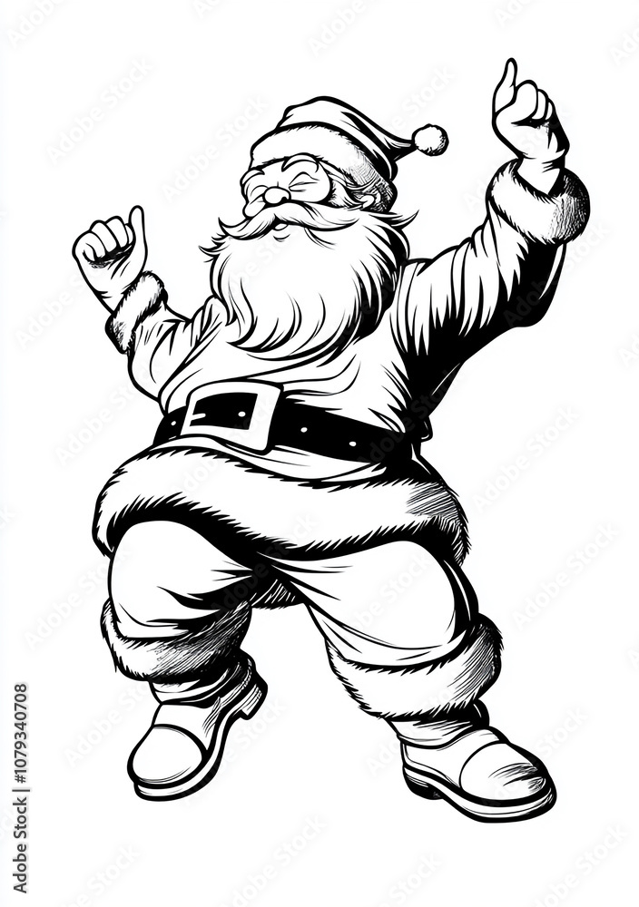 Fototapeta premium Dancing Santa Claus coloring page for kids with thick lines, low detail, black and white, no shading, no background, full body.