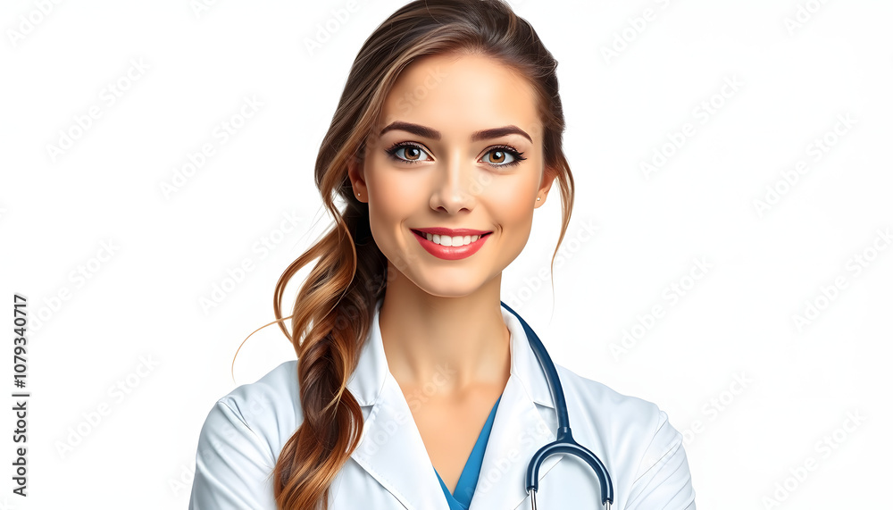 Attractive female doctor with medical stethoscope in front of me isolated with white highlights, png Attractive female doctor with medical stethoscope in front of me isolated with white highlights, png