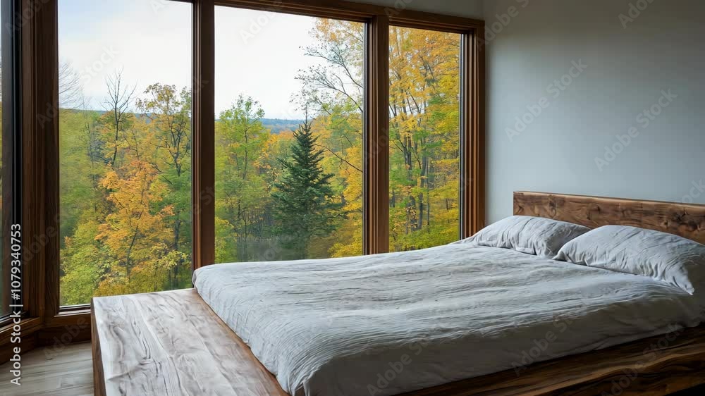 A bed with a view of the fall foliage through a large window in a modern home