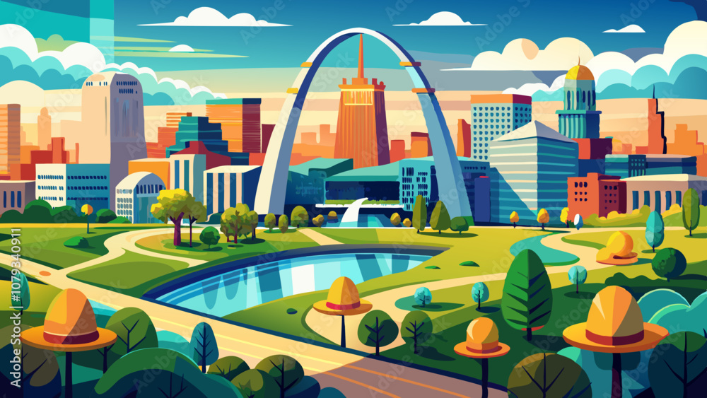 Aerial panorama of St. Louis, Missouri skyline on a sunny day, in front of the Gateway Arch park. St. Louis is an independent city in the U.S. state of Missouri.