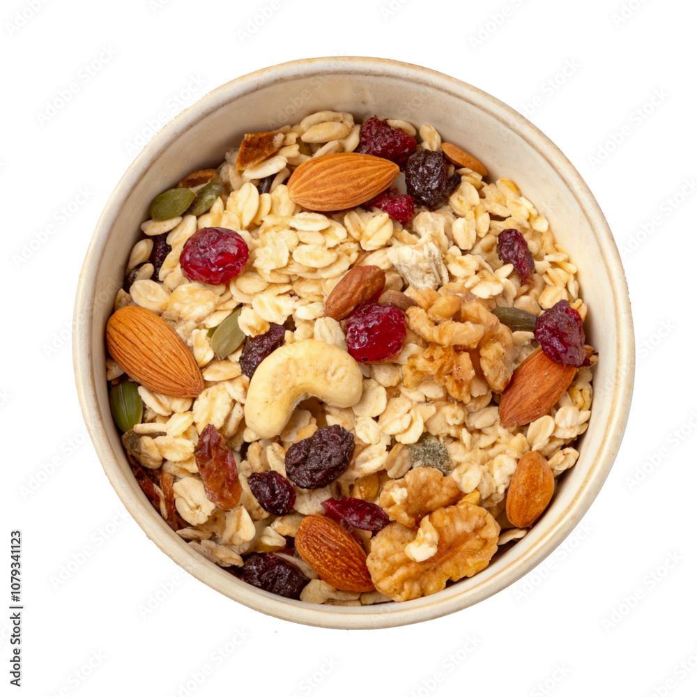 A bowl filled with a mix of oats, almonds, walnuts, cashews, and dried berries like cranberries and raisins, offering a colorful and nutritious blend. A bowl filled with a mix of oats, almonds, walnuts, cashews, and dried berries like cranberries and raisins, offering a colorful and nutritious blend.