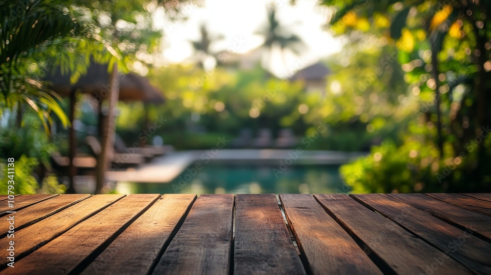 Empty wooden table set against a blurred summer resort background, ideal for dining or relaxation. Empty wooden table set against a blurred summer resort background, ideal for dining or relaxation.