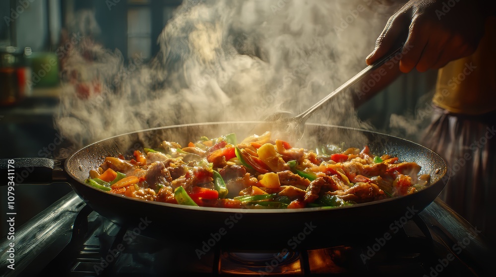 Ultra-realistic scene of a man cooking stir-fry with vegetables and meat in a pan, steam rising, using canned ingredients; hypermaximalist 8K photorealistic detail Ultra-realistic scene of a man cooking stir-fry with vegetables and meat in a pan, steam rising, using canned ingredients; hypermaximalist 8K photorealistic detail