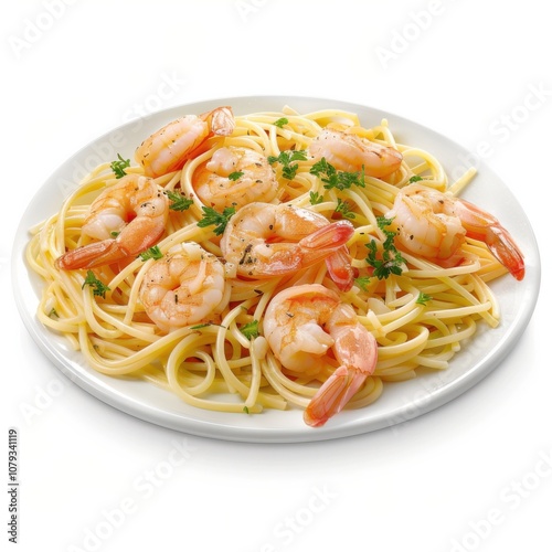 A plate of shrimp scampi with garlic butter sauce and pasta, isolated white background, detailed art style