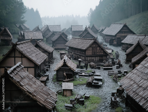 A reconstructed historical village from an archaeological site photo