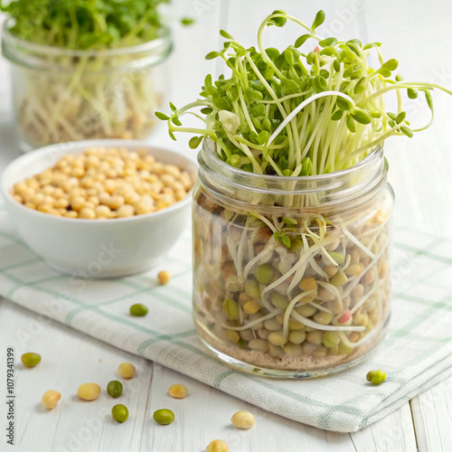 A glass jar with sprouting green soybean sprouts, with a bowl of soaked soybeans in the background, symbolizing fresh microgreens. photo