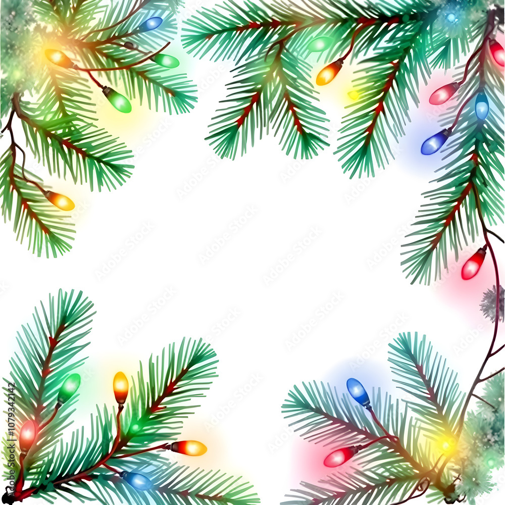 Naklejka premium Christmas tree branches with lights watercolor frame on white background. Generative AI