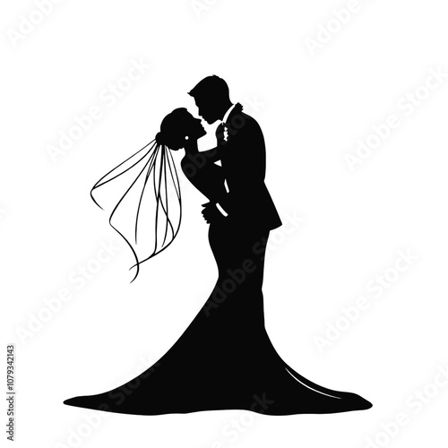 Black silhouette of kissing groom and bride ,black color silohouette on a white background