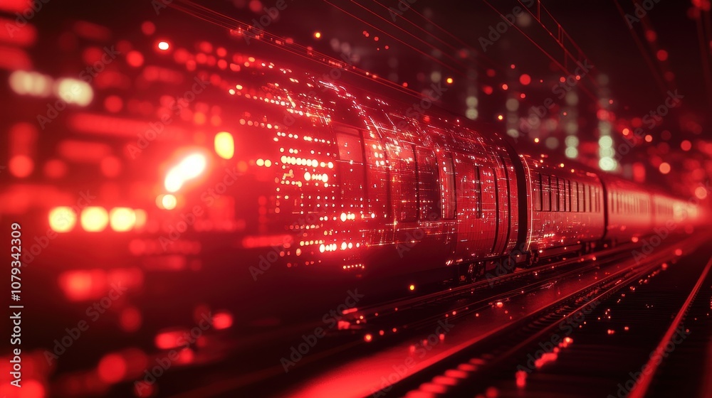 A futuristic train illuminated in red, moving through a digital space. A futuristic train illuminated in red, moving through a digital space.
