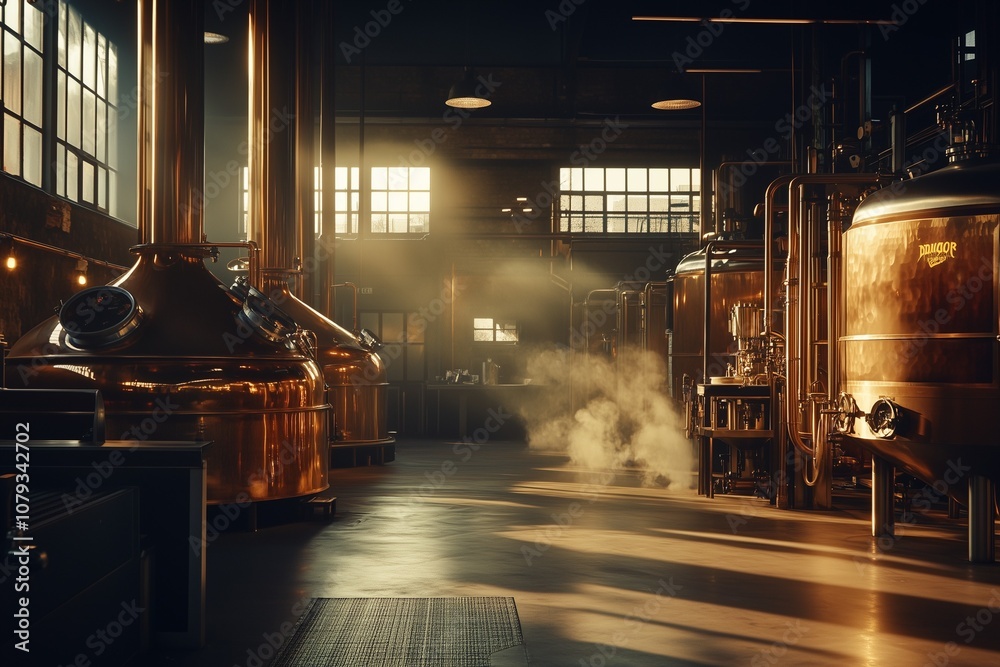 A traditional brewery with large copper brewing vats and pipes, bathed in warm, golden light A traditional brewery with large copper brewing vats and pipes, bathed in warm, golden light