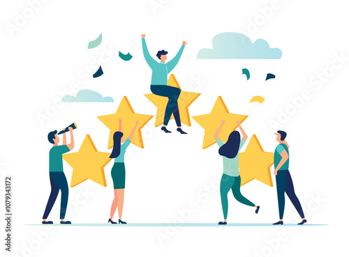 vector illustration on white background. the best estimate of performance, the score of five points. people leave feedback and comments, successful work is the highest score vector