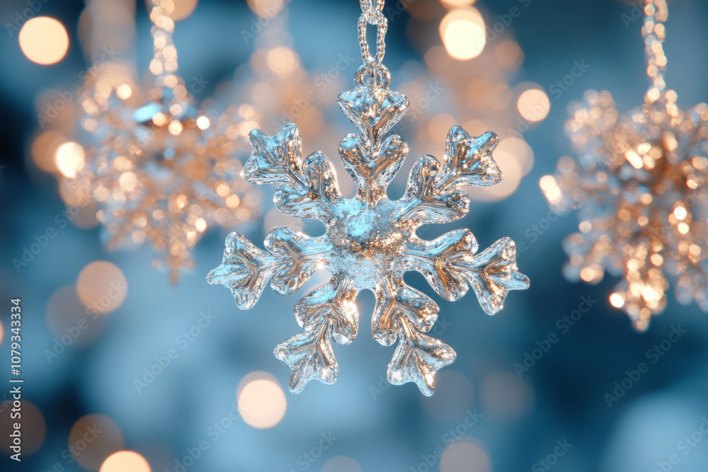 Delicate glass snowflake ornament shimmering against a soft blue background Delicate glass snowflake ornament shimmering against a soft blue background