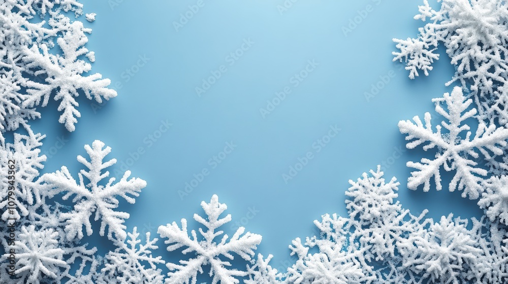 Pastel blue christmas background with white snowflake border