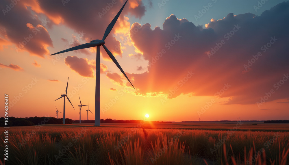Obraz premium Stunning Wind Farm Sunset Landscape