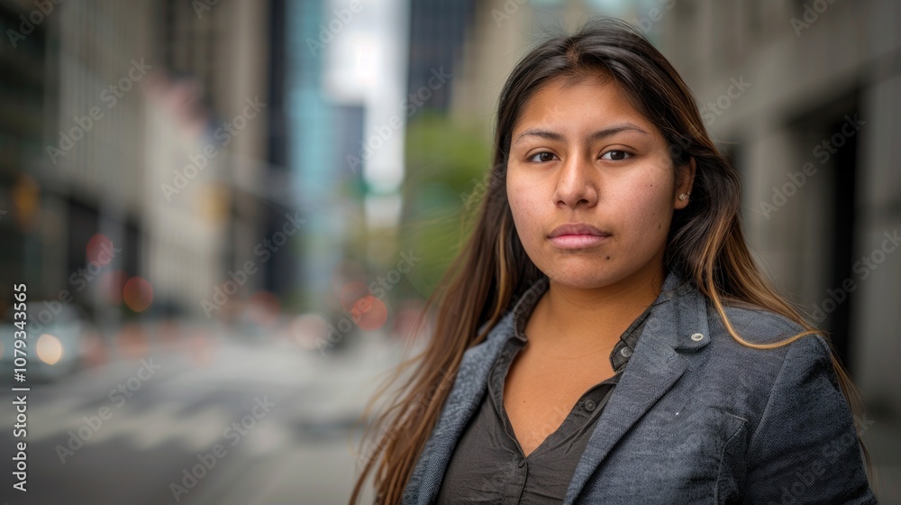 A young Native American woman confidently poses in modern business attire against a backdrop of tall city buildings, showcasing her heritage A young Native American woman confidently poses in modern business attire against a backdrop of tall city buildings, showcasing her heritage