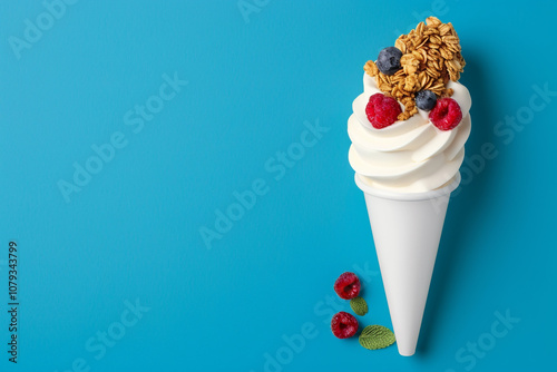 Isolated vector illustration of a delicious, cold, chocolate ice cream cone with a scoop of vanilla ice cream photo