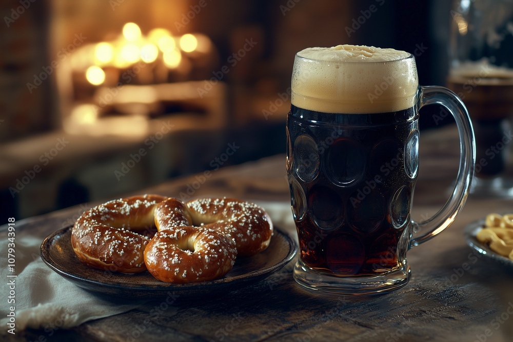 A rustic beer stein filled with dark beer, placed next to a plate of pretzels and mustard: A rustic beer stein filled with dark beer, placed next to a plate of pretzels and mustard: