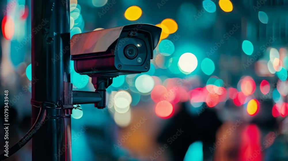 CCTV camera on night street with city lights background. Advanced surveillance system technology concept. Electronic device for security and control.