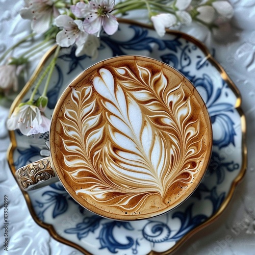 A cup of coffee with latte art in the café and different latte art designs