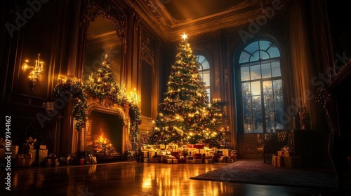 Ornate Christmas tree with red, green, and gold decor, beautifully illuminated in a darkened room, cinematic holiday feel