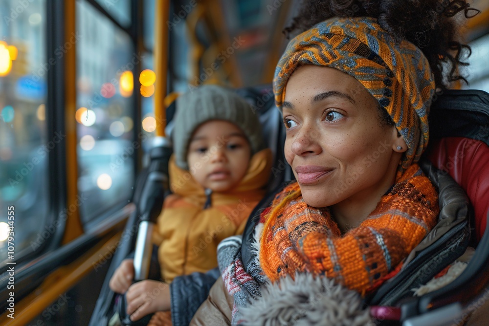 Fototapeta premium A woman seated on a bus gazes out the window while her young child looks on. They wear cozy autumn clothing, soaking in the city sights as the bus travels along bustling streets