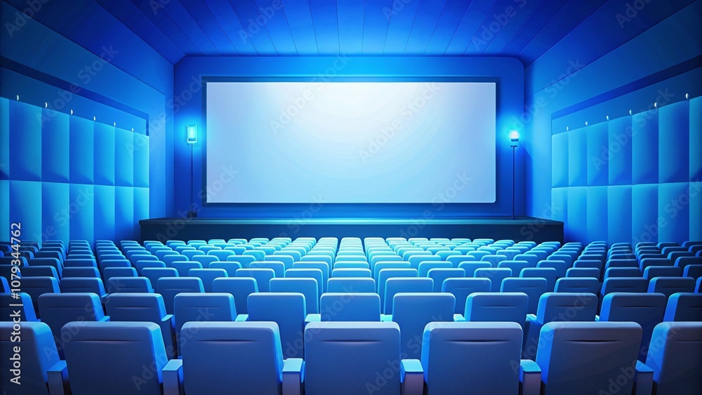 Blue cinema hall with white blank screen and empty seats. Concept of movie theater, entertainment, and leisure.
Blue cinema hall with white blank screen and empty seats. Concept of movie theater, entertainment, and leisure.