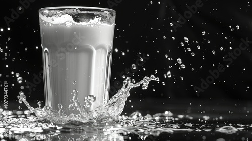 Glass of milk with a splash of liquid on a black background. photo