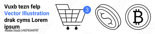 Shopping cart with notification badge, dollar symbol coin, Bitcoin symbol coin in black and white. Ideal for e-commerce, cryptocurrency, digital marketing, retail, online transactions, financial