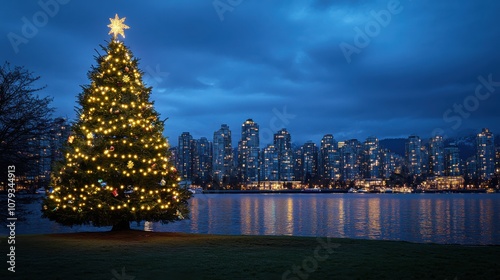 Tall Christmas tree outdoors, city lights in the background, holiday decorations with a cinematic evening ambiance