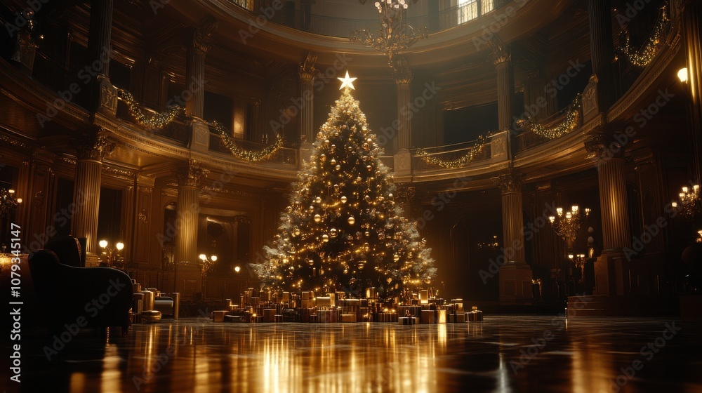 Christmas tree with star on top, decorated in elegant gold and white ornaments, warm glow creating a cinematic atmosphere Christmas tree with star on top, decorated in elegant gold and white ornaments, warm glow creating a cinematic atmosphere